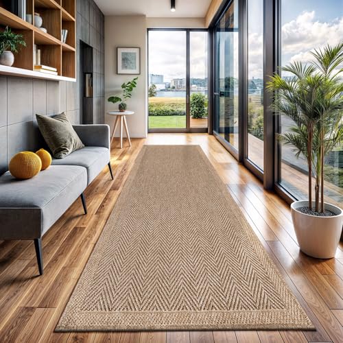 Indoor and Outdoor Runner Rug Natural Herringbone Seagrass Boho Design Easy (14 Sq Ft)