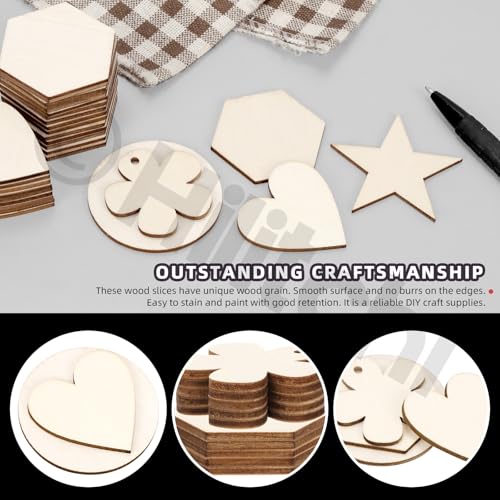 200Pcs Multi Shape Unfinished Wooden Crafts DIY Wooden Cutouts Star Flower Circle Hexagon Heart Shapes Unfinished Wood Slices Ornament for DIY Crafts Home Decorations (200 Count)