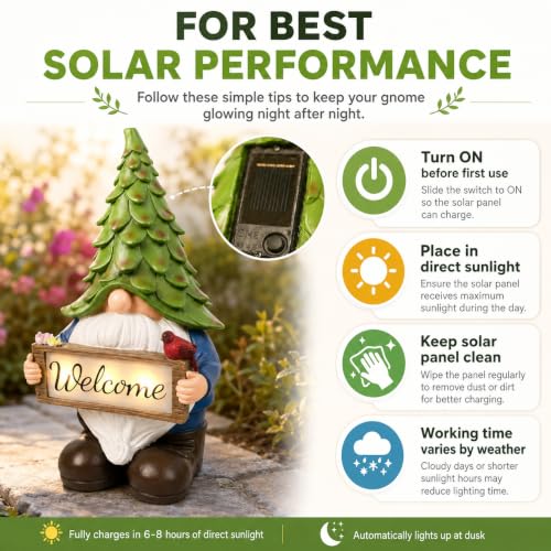 Solar Garden Gnome Statue with Welcome Sign