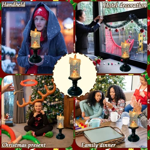 Christmas Flickering Flameless Candles Christmas Snow Globe Candle Light Swirling Water Glittering Spinning Candles with 6 Hours Timer for Home Christmas Gift Decorations
