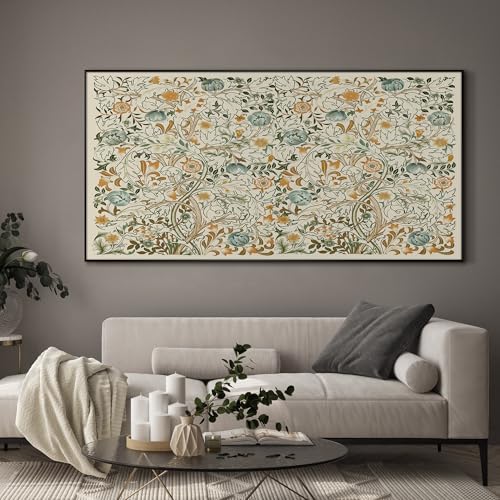 24"x46" Extra Large Framed Wall Art Vintage Botanical Floral with Golden and Teal Leaves