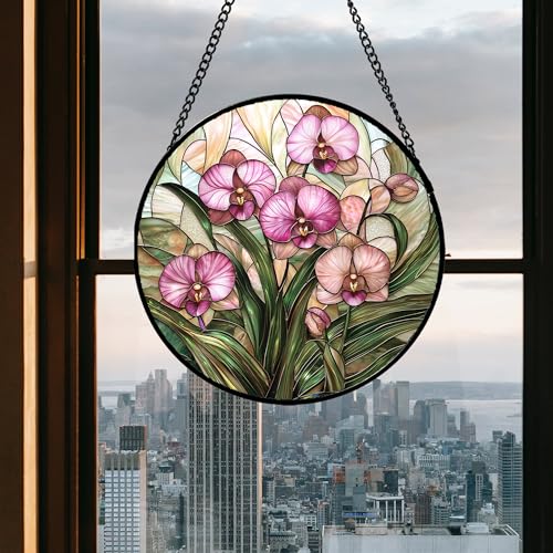 Phalaenopsis Orchid Stained Glass Window Hanging Decor Gifts for Women 15"
