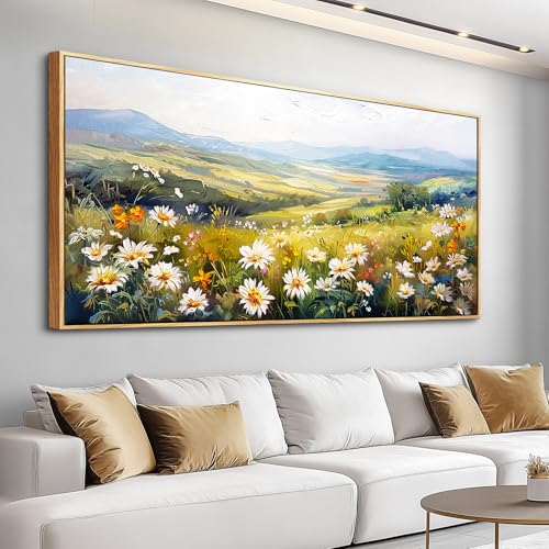 Large Wood Framed Wall Decor For Living Room Canvas Wall Art For Office Modern Wall Decorations For Bedroom Pastoral Scenery Painting Flower Pictures Artwork Room Home Decor 24x48 In
