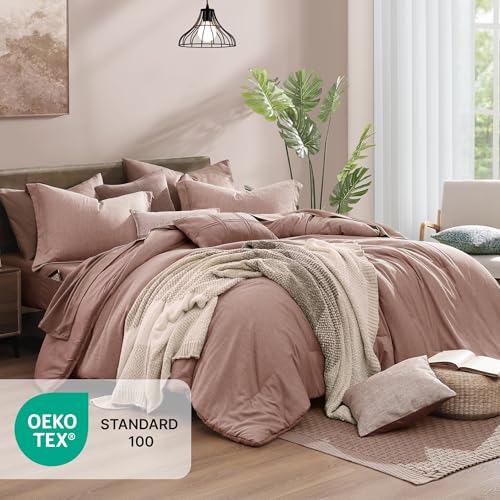 Queen Comforter Set 7 Pieces Dusty Pink Cationic Dyeing Bed in a Bag