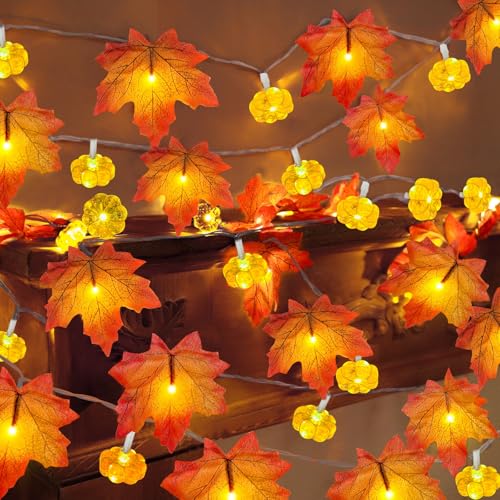 Timer 2 Pack Fall Decor Fall Garland with Pumpkin Lights Battery Operated (20 Foot)
