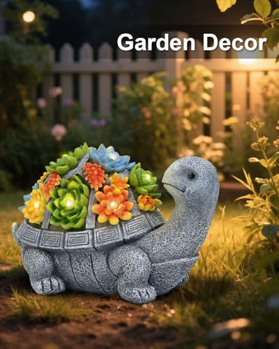 Solar Turtle Statue Garden Decor for Outside with Succulents & 7 LED Lights
