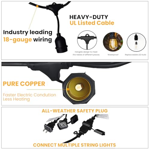 144 FT Outdoor String Lights 2W LED Outside Edison Waterproof ETL (144 Foot)