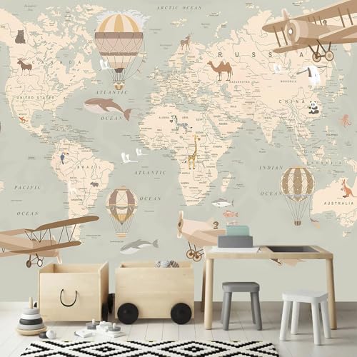 Animal Aircraft Map Peel and Stick Wallpaper for Kids Room