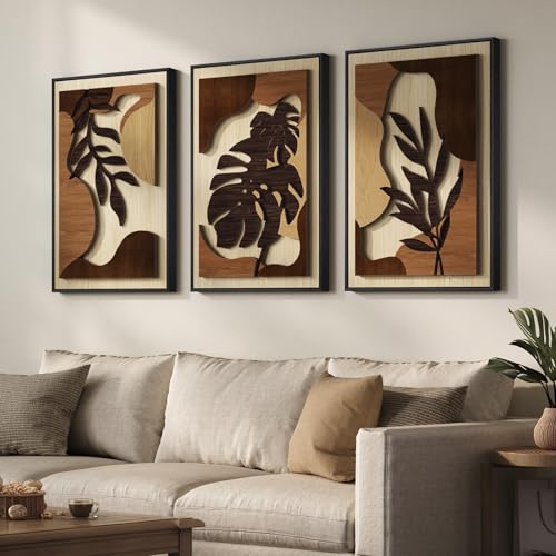 Large Framed Wood 3D Boho Tropical Wall Decor for Living Room (3 Count)