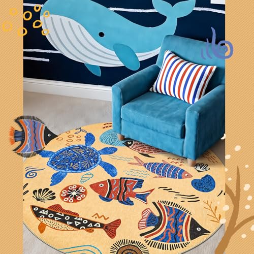 5ft Coastal Round Rug Washable Kids Rug Colorful Ocean Fish Mat Tan (19.63 Sq Ft)