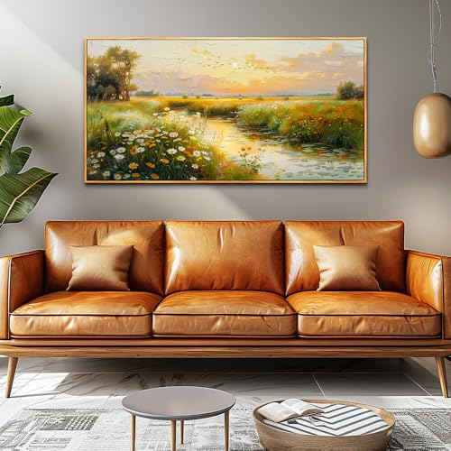 Wood Framed Canvas Wall Art For Living Room Large Wall Decor For Office Bedroom Decorations Pastoral Scenery Picture Water edge Painting Artwork Ready To Hang Home Decor 30x60 In