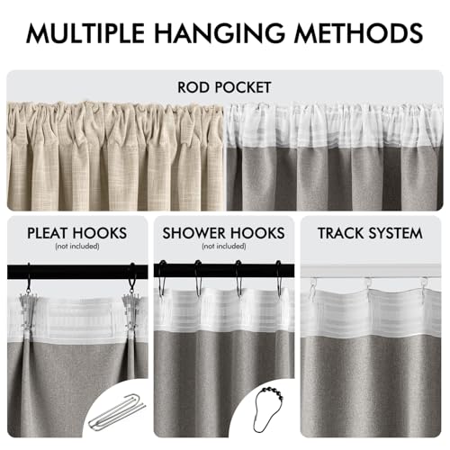 Beige 100% Blackout Linen Curtains 90 Inch 2 Panels Set Double Sided No Coating Pleated Back Tab Black Out Long Thermal Insulated Pinch Pleat Bedroom Living Room Darkening Window Drapes (2 Count)
