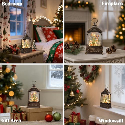 Village Snow Globe Christmas Decorations Indoor Santa Claus Reindeer Church Cabin Snow Village Scene Gifts Classic Relief Texture Musical Glitter Snowfall USB