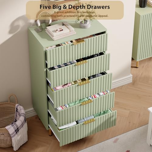 48" Fluted Green 5 Drawer Dresser for Bedroom with Deep Drawers