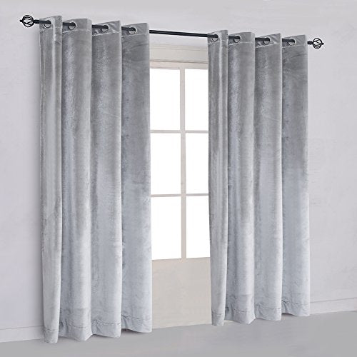 Super Soft Luxury Velvet Texture Curtains Smoky Silver Gray Classic Blackout Curtains Panels Home Theater Grommet Drapes Eyelet 52Wx72L inch Light Grey