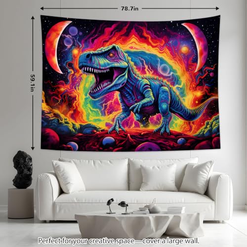 Blacklight Dinosaur Tapestry Wall Hanging Black Light Tapestries Uv Glow in the Dark Dino Poster for Teen Boys Room Bedroom 80x60in