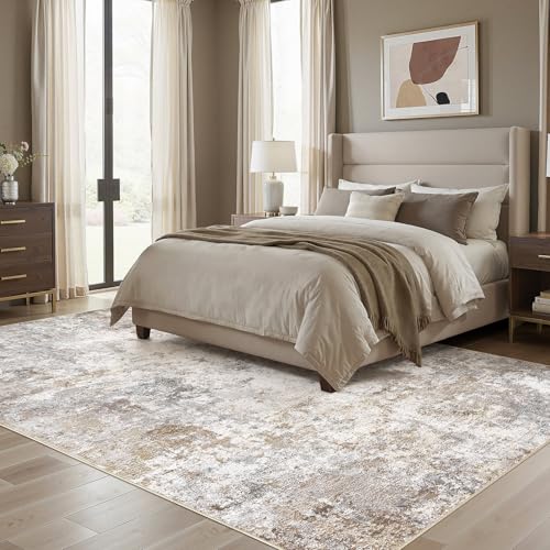 10x14 Area Rug Living Room Rugs Washable Neutral Brown Grey Carpet (24 Count)