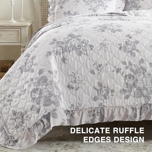 Greyish Blue Ruffled Quilt Twin Size with 1 Pillow Sham (2 Count)