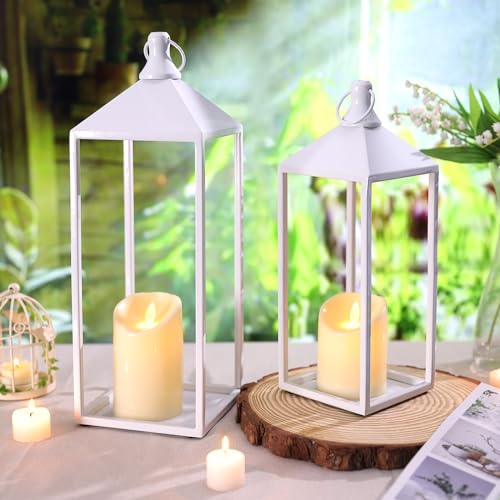 White Decorative Lantern Decor 17" 13" Set of 2 Wedding Lantern with Candle (2 Count)