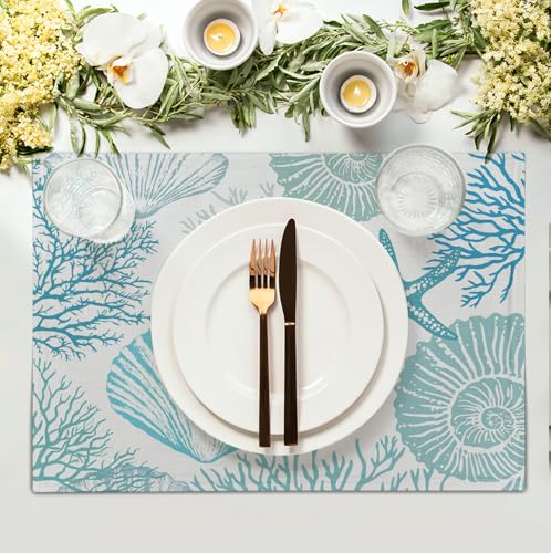 Nautical Coastal Blue Placemats Set of 4 Summer Teal Turquoise Beach Theme Linen Table Mats Ocean Coral Seashell Starfish Decorative Place Mats for Party Kitchen Dining Outdoor Indoor Decor