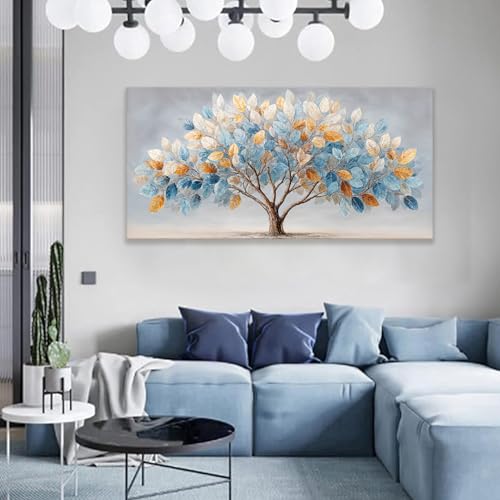 Large Canvas Wall Art Decor Blue Gold Nature Leaf Tree Canvas Art Wall Decor For Living Room Modern Botanical Wall Art Prints Gradient Color Tree Canvas Art For Bedroom Home Office Decor 24"×48"