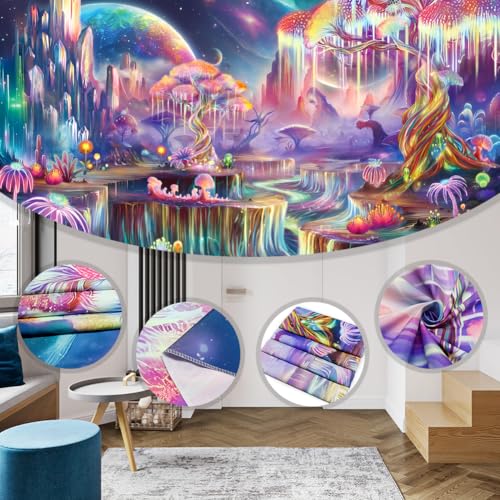 Blacklight Tapestry Fantasy Tree of Life Tapestry UV Reactive Galaxy Space Tapestries Colorful Plant Floral Mountain Landscape Tapestries Wall Hanging for Bedroom