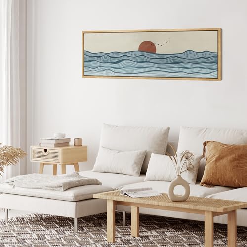 Large Framed Canvas Print Wall Art Calm Seascape Ocean Waves and Setting Sun Illustrations Antique Retro Fine Art Illustrations Decorative Colorful for Bedroom