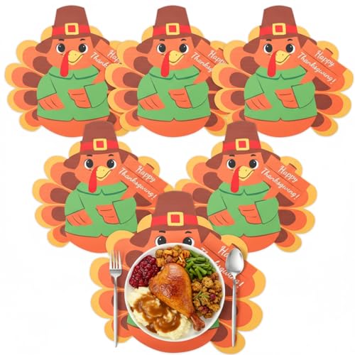 15'' Thanksgiving Turkey Placemats Set of 6 Washable Thanksgiving Leather Place Mats Nonslip Turkey Shape Fall Table Mats for Holiday Autumn Harvest Party Kitchen Dining Tableware Decorations (6 Count)