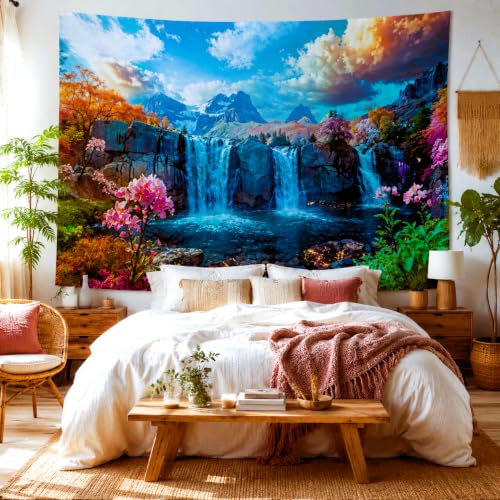 Waterfall Tapestry Tropical Forest Mountain Sunset Tree Wall Hanging Tapestry Scenic Rainforest Landscape Nature Sunrise Headboard for Bedroom Living Room Home Decor