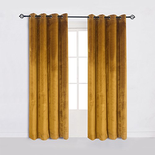 Super Soft Luxury Velvet Set of 2 Warm Yellow Blackout Velvet Energy Efficient Grommet Curtain Panel Drapes Ginger 52Wx63L