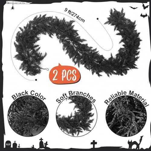 2 Pack 9 ft Halloween Black Artificial Cedar Garland (2 Foot)