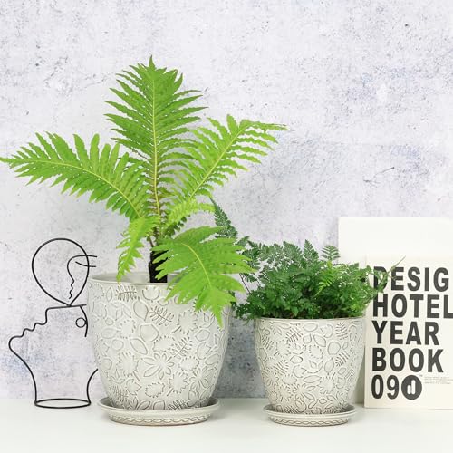 8 Inch + 6 Inch Retro Ceramic Planter Set of 2 with Drainage Hole and Saucer for Multiple Plants (2 Count)