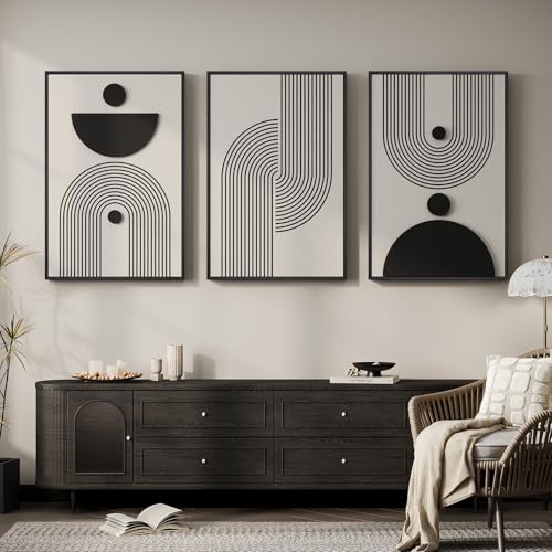 3D Large Framed Black and White Abstract Wall Art for Living Room (3 Count)