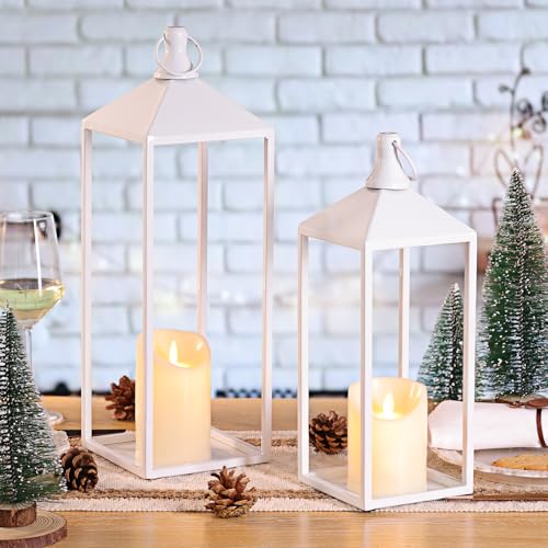 White Decorative Lantern Decor 17" 13" Set of 2 Wedding Lantern with Candle (2 Count)