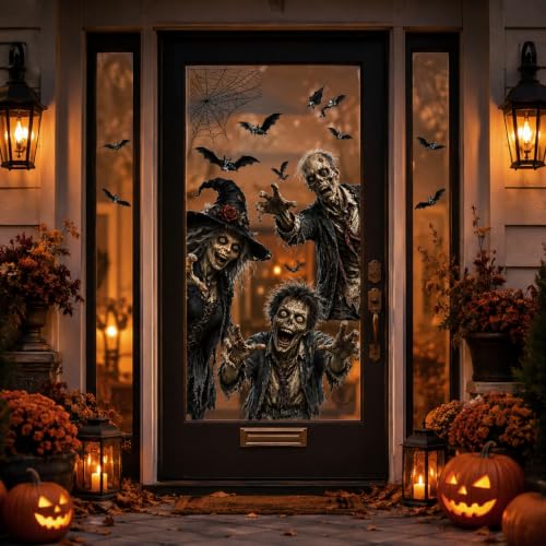 Halloween Window Clings PVC Witch Zombie Bat Window Decals Stickers Spooky Horror Glass Wall Decor Stickers for Halloween Party Supplies Home Glass Decorations