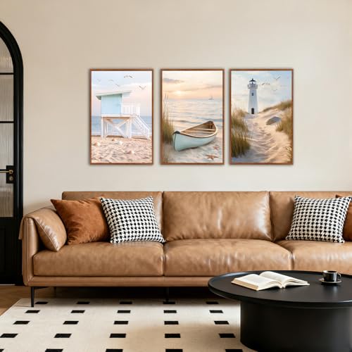 KAlRNE Beach Room Photo Framed Coastal Decor Ocean Wall Art Set (3 Count)