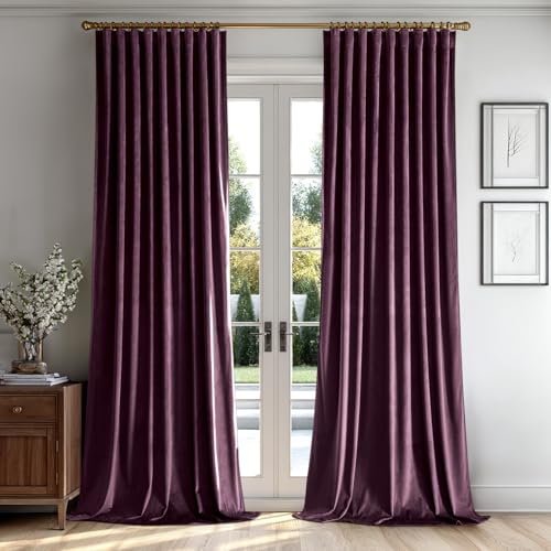 Dark Purple Velvet Pinch Pleat Blackout Curtains W52 X L90 Inches (2 Count)