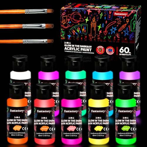60ml 10 Colors Fluorescent Glow in the Dark Acrylic Paint Set (20 Fl Oz)