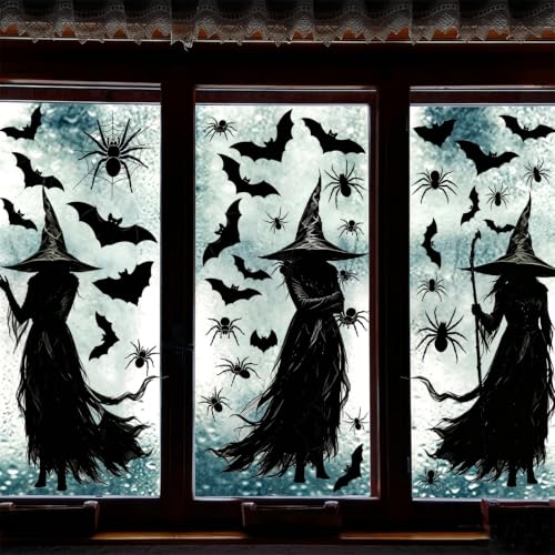 3 Extra Large Halloween Window Clings Black Witch Spider Bat