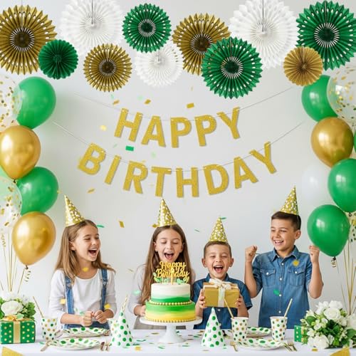 Honeycomb Round Paper Fans Green Gold Hanging Party Decoration (11 Count)