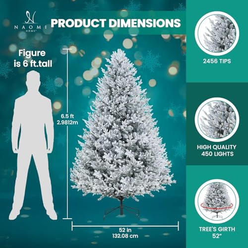 6 5ft Frosted Christmas Tree with Lights Realistic Snow Flocked Christmas Tree Prelit with 2456 Branch Tips 450 Warm Lights and Metal Stand Aritificial