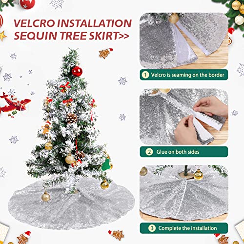 Small Christmas Tree Skirt 24 Inch Silver Tree Skirt Sequin Tree Skirt for Silver Christmas Decorations