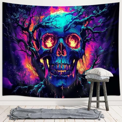 Blacklight Fire Skull Tapestry for Bedroom