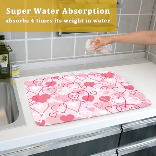 Valentines Day Dish Drying Mat for Kitchen Pink Hearts Absorbent Reversible Microfiber Kitchen Countertop Protector Dishes Pad Large 18x24 inch