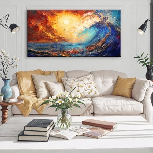 Abstract Ocean Wall Art for Living Room Beautiful Blue Sea Wave Seawater Colorful Sky Landscape Wall Art Decor Artwork Bedroom Office
