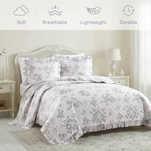 Greyish Blue Ruffled Quilt Twin Size with 1 Pillow Sham (2 Count)