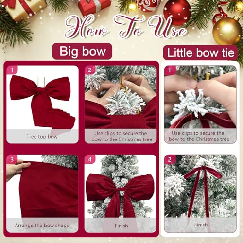 79 x 28 Inch Large Wine Red Bow Christmas Tree Topper with 30 Small Bows