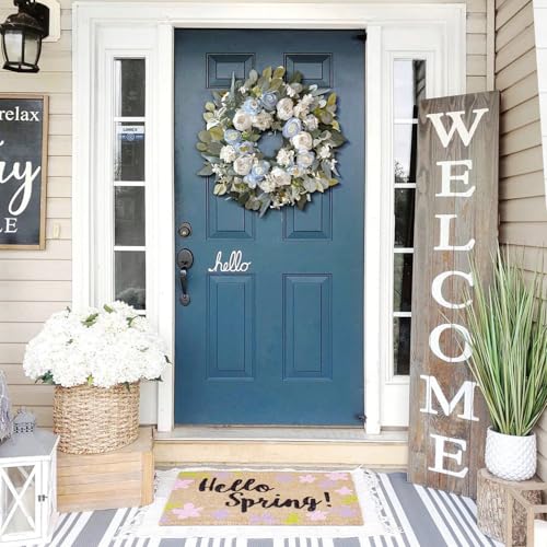 24 Inch Spring White Peony Wreath Baby Blue Rose Front Door