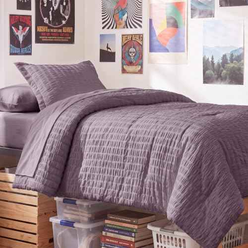Twin XL Comforter Set 5 Pieces Dusty Purple Seersucker Bed in a Bag