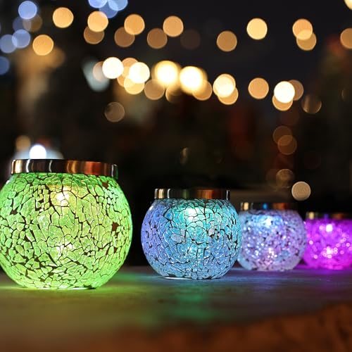 Gift for her him 4 Pack Heavy Solar Mosaic Crackle Glass Lights with Dual Solar Panels (4 Count)